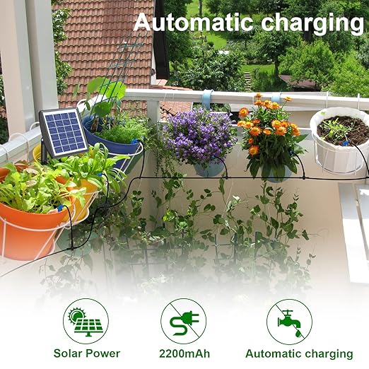 RISINGUP Solar Drip Irrigation System with Timer, Programmable Smart Watering with 2200mAh Battery, Automatic Plants Watering System for 15 Potted Plants Outdoor Garden, Patio, Balcony, Greenhouse