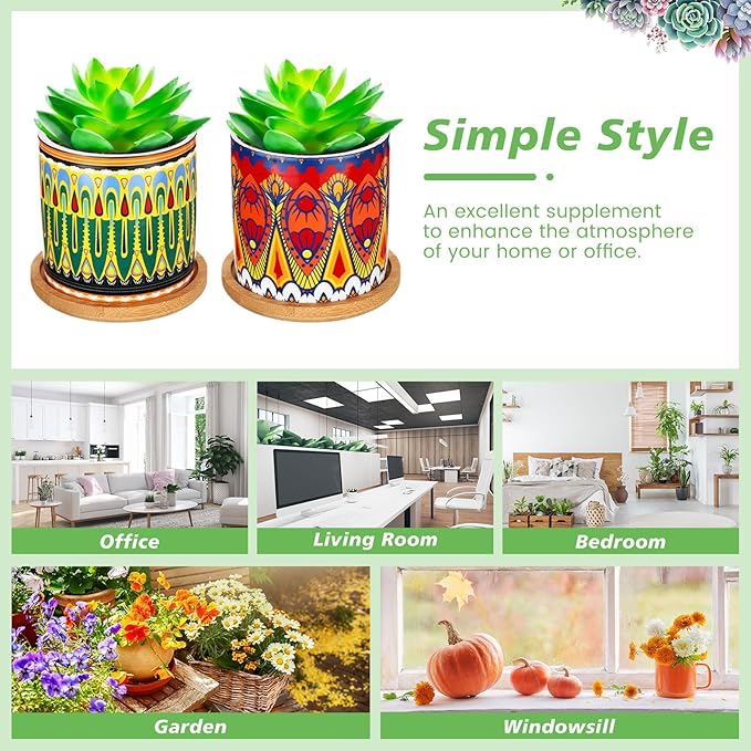 Zopeal 6 Pcs 3 Inch Succulent Pots Succulent Planters Cylinder Ceramic Pots Mandala Multicolor Cactus Pot with Drainage Holes and Bamboo Trays for Indoor Plants Flowers Garden Decoration(Basic)