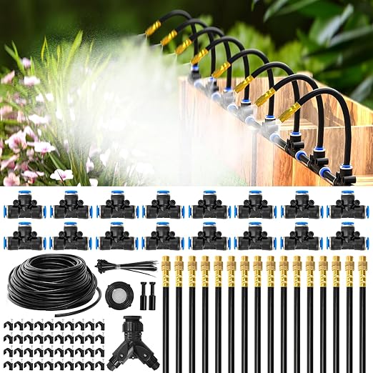 Mixc 100Ft 1/4" Drip Irrigation System,2025-Upgrade Garden Irrigation Kit with 16pcs Adjustable Copper Nozzles,Automatic Atomizing Watering System for Outdoor,Raised Bed,Potted Plant,Lawn,Greenhouse