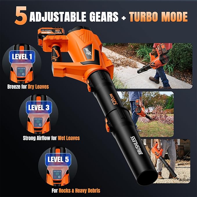 17000 RPM Cordless Leaf Blower with DECERK 7.8AH Battery - 530CFM Powerful Brushless Motor for Lawn Care, 5-Speed Turbo Electric Blower for Dust, Wet-Leaves, Car, Gutters, Lightweight Garden Tool