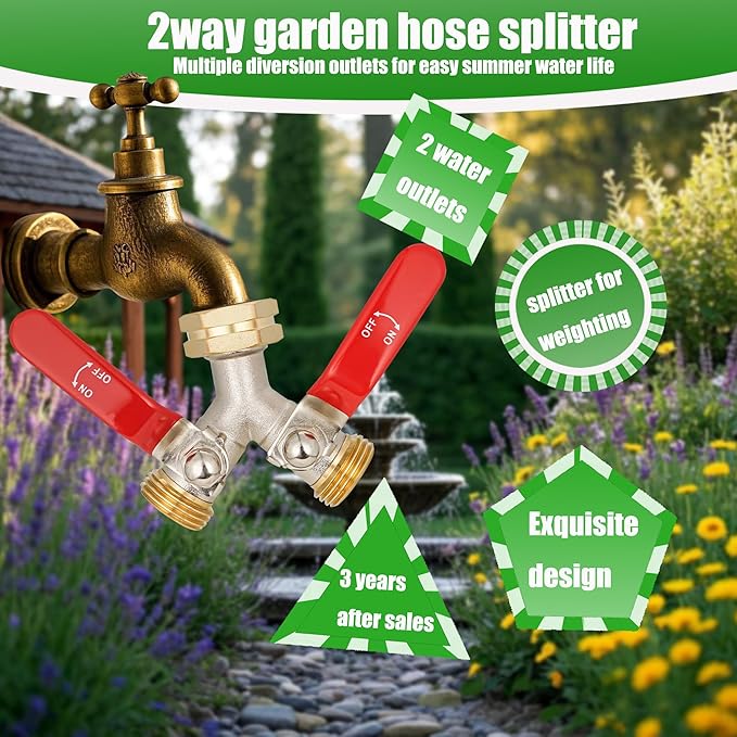 EJW Hose Splitter 2 Way, Heavy Duty Brass Garden Hose Splitter, Garden Hose Y-Valve Splitter, Full Flow Hose Splitter Connector, 3/4 Inch GHT Thread,Garden Hose Adapter 2 Way. longhand