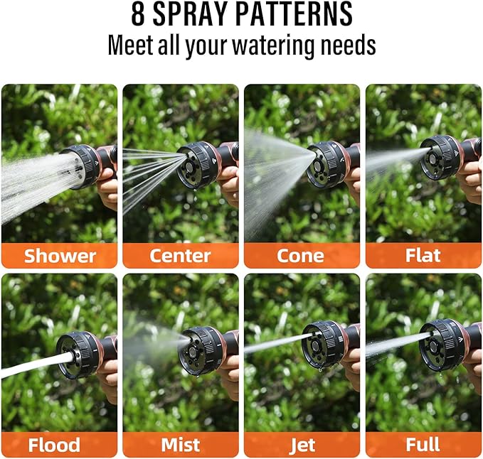 Heavy Duty Garden Hose Nozzle, 100% Metal Water Hose Sprayer with 8 Spray Patterns, High Pressure Hose Nozzle with Thumb Control, On Off Valve, for Lawn & Plant Watering, Car & Pet Washing