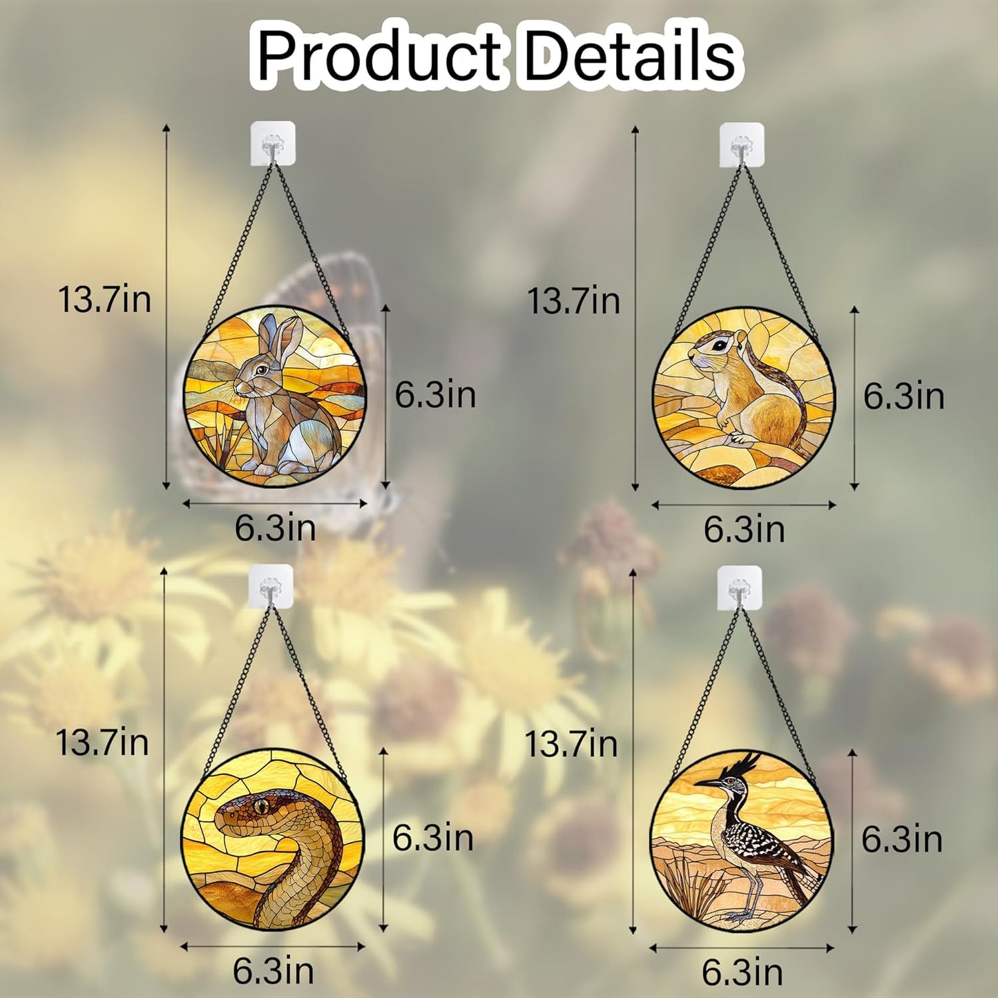 Stained Glass Window Hanging 4 Pcs Set Animals 6.3" - Desert Landscape Yellow Suncatcher Door Garden Sun Catcher Decor Birthday Christmas for Mom Woman Nana Men
