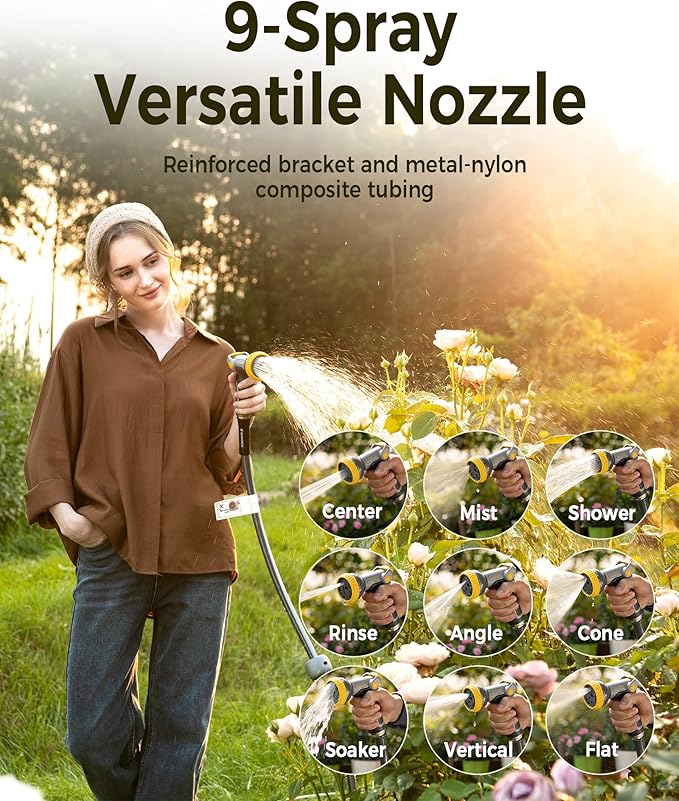 GLAHODEN Retractable Garden Hose Reel 1/2 in x 85 ft Upgraded UV Resistant Heavy Duty Automatic Hose Reel Wall Mount 3/4 in Brass Fitting 9 Pattern Nozzle Any Length Lock Slow Retraction