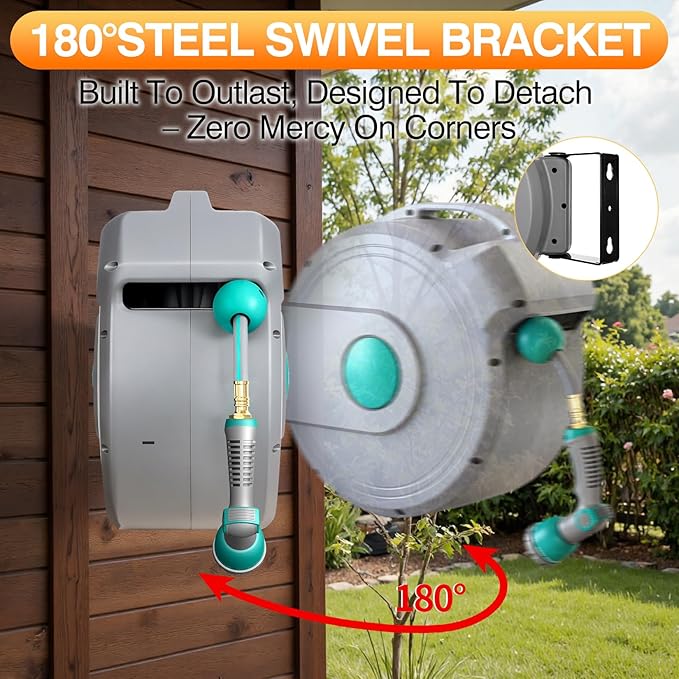 AXTRIM 100 ft x1/2 in Retractable Garden Hose Reel, Premium Wall Mounted Water Hose Reel with 10-Pattern Spray Nozzle, Any Length Lock, Slow Return System, 180° Metal Swivel Bracket, Anti-UV
