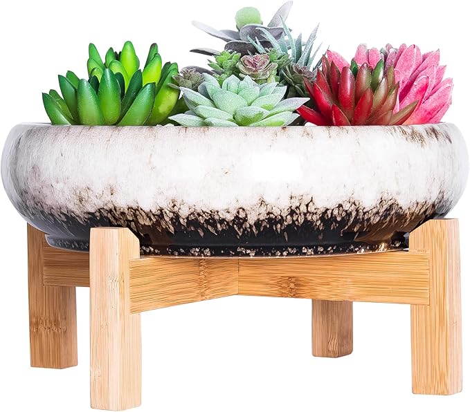 ARTKETTY Succulent Pots - 10 Inch Large Ceramic Bonsai Pots with Drainage Stand for Indoor Plants Shallow Planters Decorative Cactus Flower Plant Container Bowl