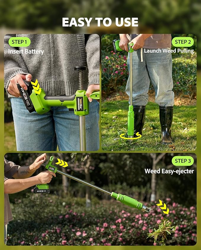 Electric Weed Puller Tool: 21V Battery Powered w/ 2pcs 2000mAh, Heavy Duty 3-Claw Steel Root Weeder Stand-Up Remover Picker Grabber Popper, for Dandelion Lawn Garden Yard EWP001