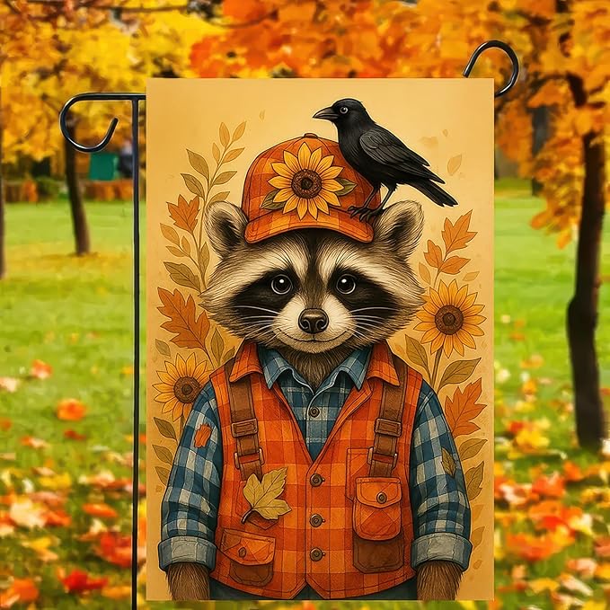Thanksgiving Fall Garden Flag 12x18 Inch Welcome Raccoon Outdoor Flag Double Sided Autumn Yard Banner with Sunflower Hat and Bird for Porch Lawn Patio Seasonal Decor
