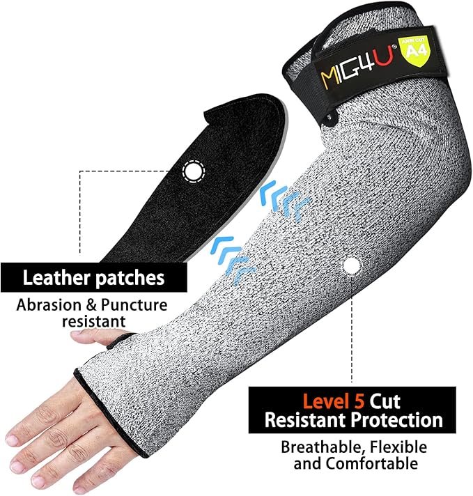 MIG4U Cut Resistant Sleeves with Leather Patches, Arm Safety Protection for Men and Women Thin Skin, Anti Puncture Level 5 Protective Arm Sleeve in Gardening, Farm, Welding, 18''