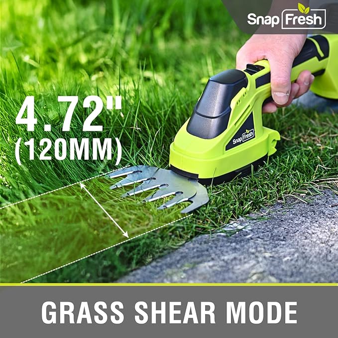 SnapFresh 20V Hedge Trimmer Cordless, 2 in 1 8.67" Electric Shrub Trimmer and 4.72” Grass Shears with 2.0Ah Li-ion Battery and Charger, Handheld Grass Cutter/Bush Trimmer for Garden Yard