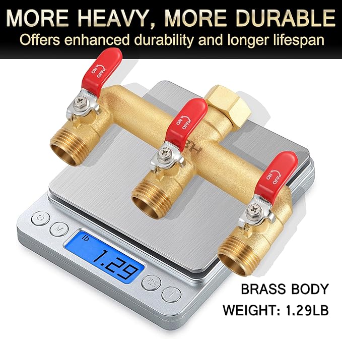 EBH Garden Hose Splitter, 3-Way High Flow Heavy Duty Brass Outdoor Hose Manifold with Long Handles Full Flow Faucet Adapter- 3/4” GHT(RED)