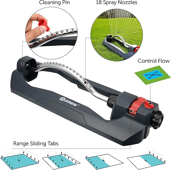 Eden 94106 Turbo Oscillating Sprinkler, Covers Up to 4,000 sq. ft., 18 Precision Nozzles, Weighted Base, Adjustable Range, Flow Control Knob, Quick Connect Bundle, Black, Silver, Red