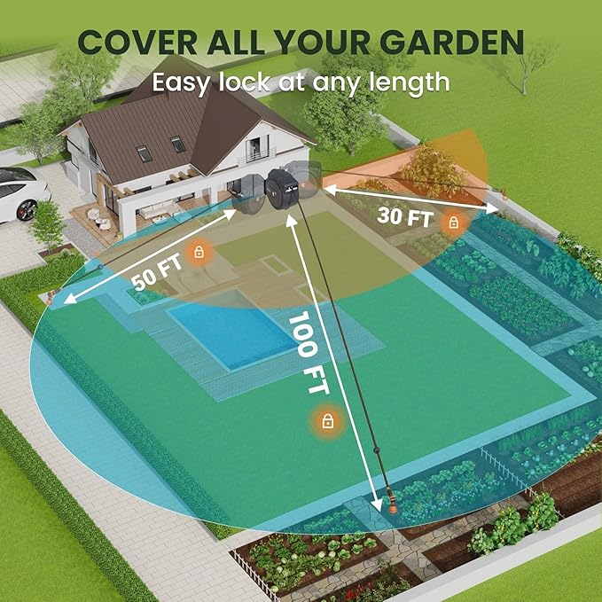 Giraffe Tools AW30 Wall Mounted 1/2" x 100 ft Garden Hose Reel, Retractable Water Hose Reel, Automatic Rewind & Lock at Any Length