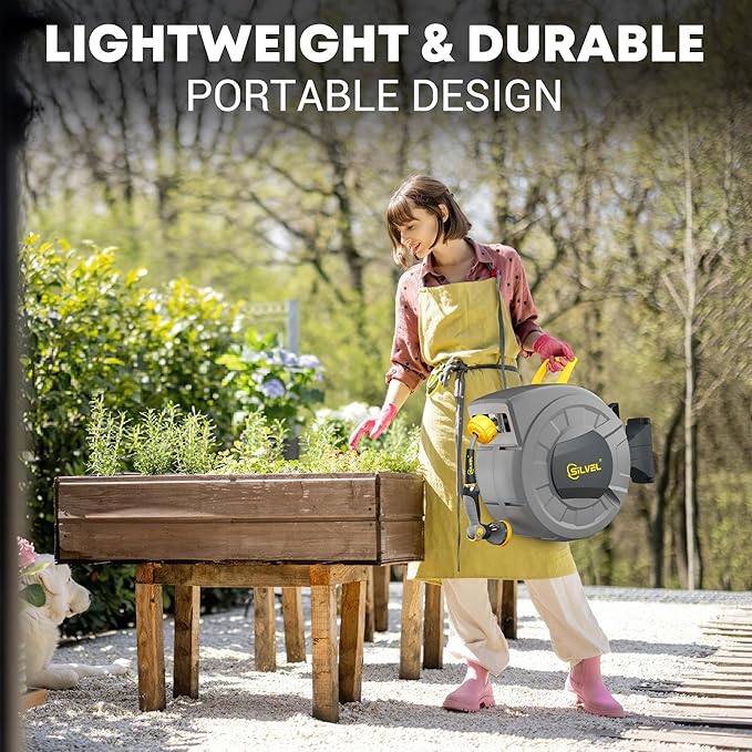 SILVEL 1/2 in x 110 FT Retractable Garden Hose Reel, UV Resistant Heavy Duty Automatic Hose Reel Wall Mount with 10 Pattern Nozzle, Any Length Lock & Slow Return System, 180°Swivel Bracket, Yellow