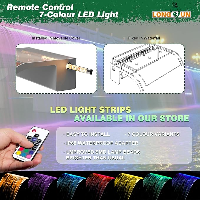 Pool Fountain, LONGRUN Waterfall Spillway for Koi Ponds - 23.6" Transparent Acrylic Waterfall Multi-Color LED Lights for Swimming Pool, Garden Pond, Patios, Spa Decoration