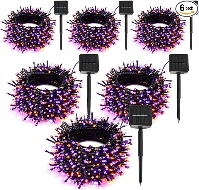 6-Pack Solar String Lights, 600 LED Extra-Long 236Ft Solar Halloween Lights Outdoor Waterproof, 8 Modes Led Halloween Light for Garden, Patio, Wedding(Purple & Orange)