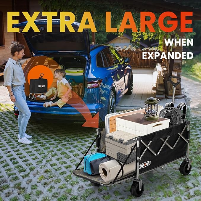 Overmont Collapsible Wagon with Tailgate - 49.2" Extended Heavy Duty Foldable Utility Wagon Folding Cart with All-Terrain Wheels for Outdoor Camping Sports Garden Beach Grocery - 300lbs Support