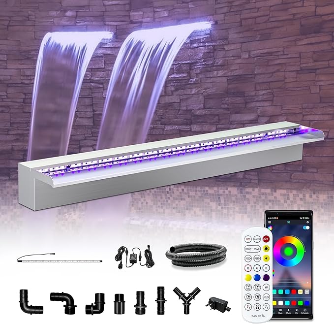 LONGRUN Waterfall Pool Fountain, Updated 5.9'' Wider Open Lip Stainless Steel Waterfall Spillway, Decorative Water Feature for Swimming Pools, Koi Ponds, Spa & Garden - 35.4''