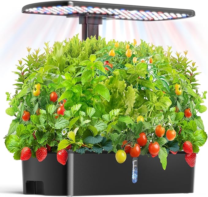 Hydroponics Growing System Kit 12 Pods Indoor Garden, Hydroponic Indoor Herb Garden Kit with Grow Light, Smart in Door Gardening, Adjustable Height, Auto Timer, Quiet Pump, Gift for Mom Women, Black