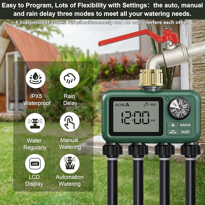 4 Zone Sprinkler Timer with Brass Inlet,Programmable Water Timer for Garden Hose with Rain Delay, Manual& Automatic Watering System,Programmable Digital for Lawn Yard,4 Zone