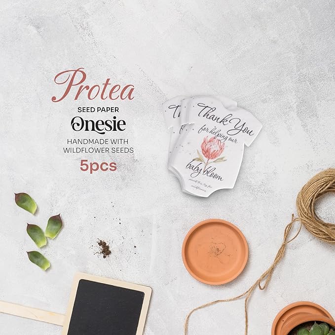 Onesie Seed Paper – 5 Protea Baby Shower Favors for Guests with Wildflower Seeds, Writable & Plantable, Baby Shower Gifts for Guest