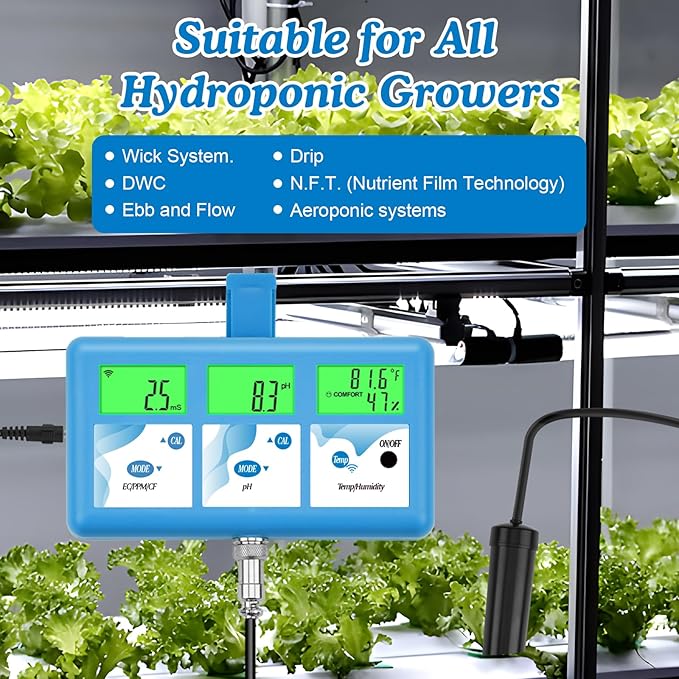 Hydroponic ppm pH Monitor, WiFi 6 in 1 pH EC Meter for Hydroponics Growing System,Continuous Monitoring pH PPM EC CF Humidity Temp of DWC Grow System Water Reservoir Tank Aeroponic Garden Aquarium...