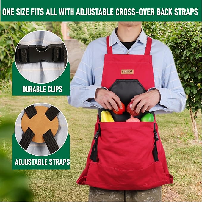 Grampa's Garden Apron - Cross Back Gardening Apron With Pockets For Women & Men | Harvest Apron with Large Kangaroo Pouch