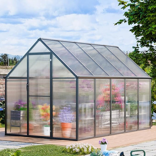 CDCASA 10.3x6.2x6.7 FT Greenhouse for Outdoors, Easy Assembly Thicker Aluminum & Polycarbonate Greenhouses w/2 Windows, Swing Door, Walk-in Green House for Outside, Patio, Backyard, Garden