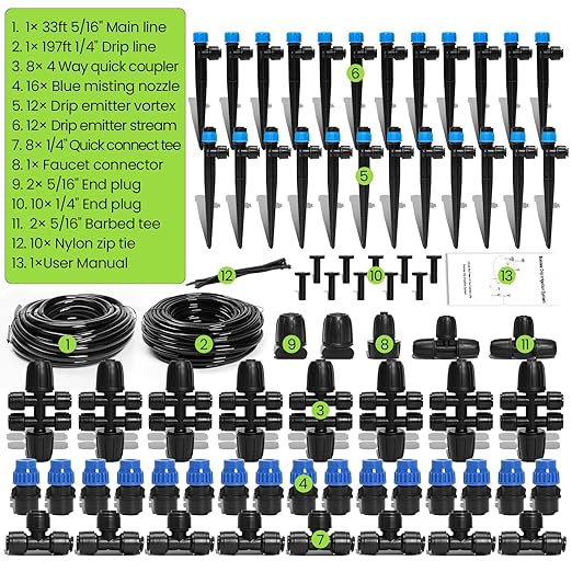Bonviee Drip Irrigation System, 230FT Garden Watering System with Quick-to-Connect Fittings, Adjustable Drip Emitters, 1/4โ & 5/16โ Tubing, Drip Irrigation Kit for Raised Garden Beds, Greenhouse, Lawn