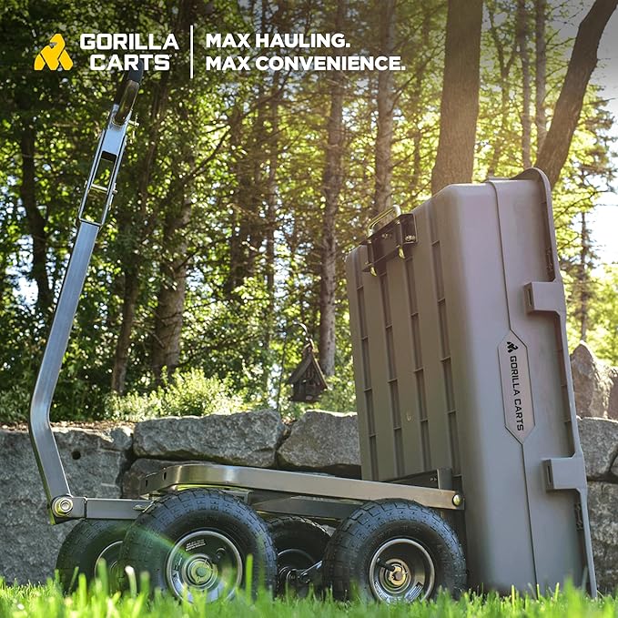 Gorilla Carts Heavy-Duty Poly Dump Cart, 5 Cu Ft Tub, 800 lb Haul Capacity, Gray – Towable Utility Wagon with Quick-Release Dumping & Pneumatic Tires for Yard, Landscaping and Gardening
