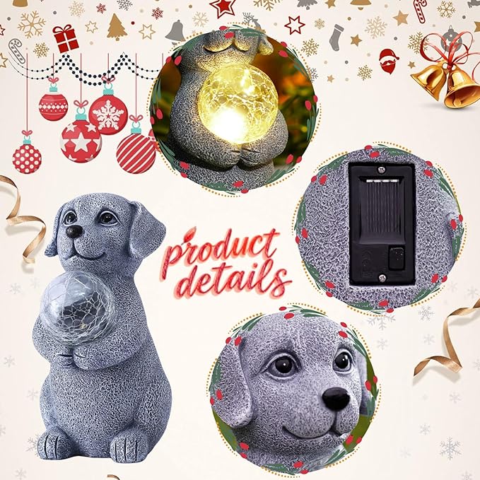 Dog Garden Statues - 8.4 Dog Decor with Gazing Ball LED Lights, Unique Gifts for Mom Grandma Birthdays, Outdoor Decor for Outside Lawn Porch Patio (Gray)