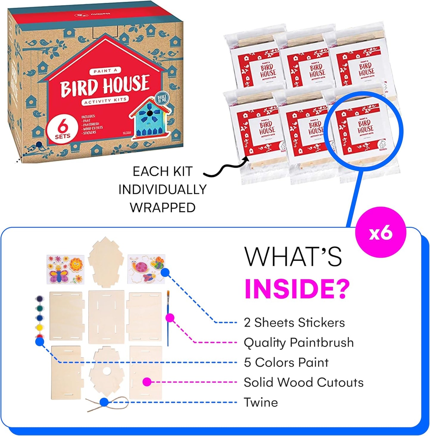 Neliblu 2 Pack Birdhouse Kits for Kids - 6.1" x 5.9" x 3.0" - DIY Craft and Garden Decoration, Pre-cut, Easy to Assemble for Birdwatchers - Includes Paints, Brushes, Birdhouse Kits for Adults to Build