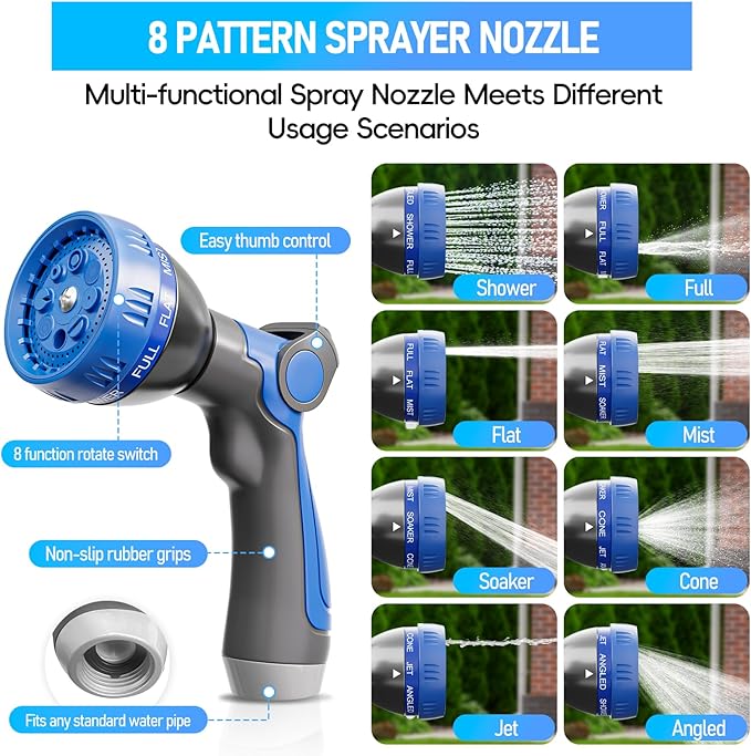 SPECILITE Garden Hose 75ft, 3-Layer Flexible Water Hose with 8 Pattern Spray Nozzle, Non-Expanding & Lightweight Stainless Steel Hose for Yard, Lawn, Outdoor-Leak Proof, No-kink & Tangle-free