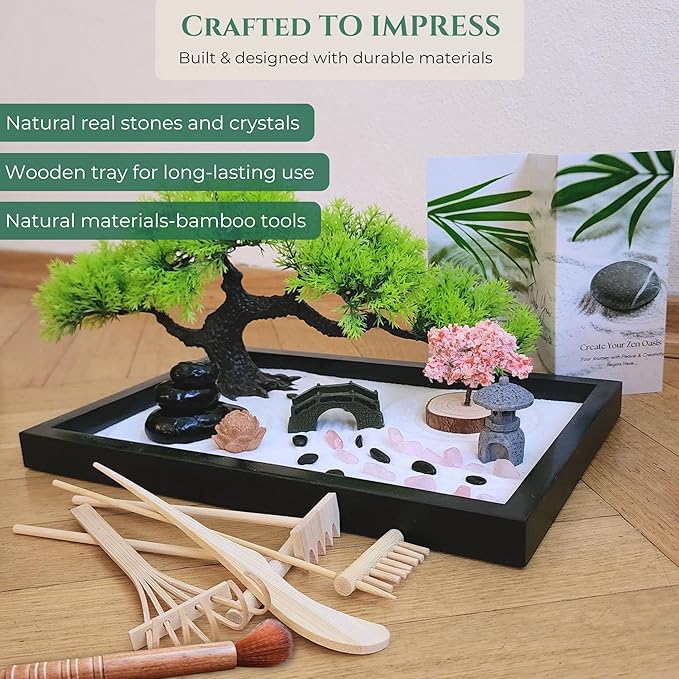 Zen Garden for Desk โ Mini Japanese Rock Garden with Crystals, Bonsai Tree & Sand Tools, 11x7.5in Stress Relief Desk Decor, Meditation & Relaxation Gift Set (Black)