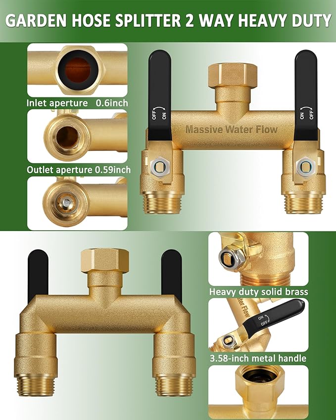 Hose Splitter 2 Way Heavy Duty, Full Flow Garden Hose Splitter with 2 Long Metal Handles, Brass Rust and Freeze Resistant Water Hose Bib Splitter, T Adapter Connector with 3/4 - Inch GHT Thread(Black)