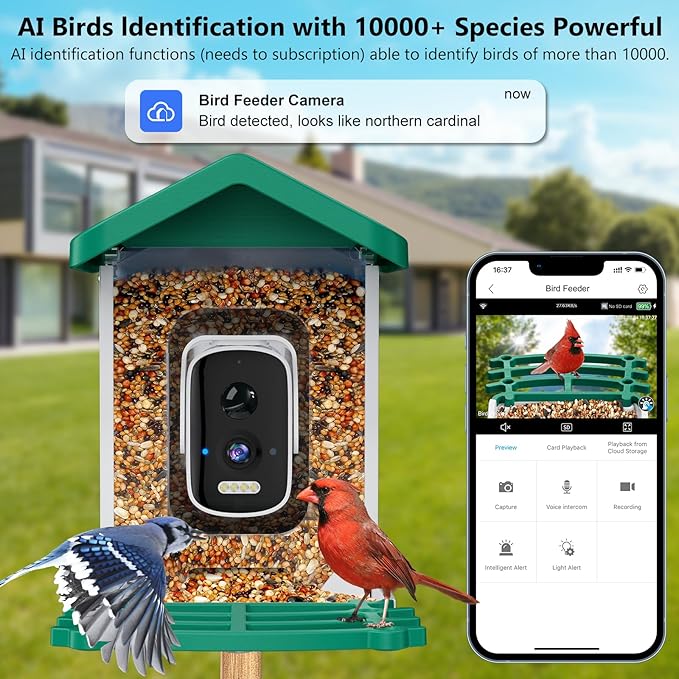 Smart Bird Feeder with Camera, AI Bird Species Identification Solar Powered Panel, 2.5k HD Video Bird House with Camera for Outside Garden, Ideal Gifts for Lover,Green