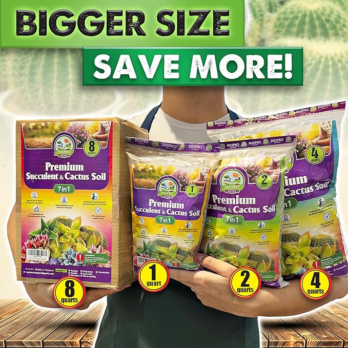 DUSPRO Succulents Soil Potting Mix โ 7 in 1 Ingredients Well-Draining, Nutrient-Rich Cactus Potting Soil for Succulents and Cacti, Indoor & Outdoor Use, Ready to Use, Supports Healthy Root Growth, 4QT