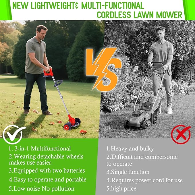 Weed Wacker Cordless Adjustable Weed Eaters 3 in 1 Electric String Trimmer Lawn with Two Battery with Charger Comes with Multiple Blades for Yard,Green,Garden(Red)