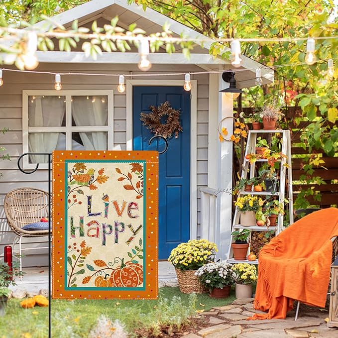 Hzppyz Live Happy Fall Garden Flag Double Sided, Inspirational Quote Autumn Pumpkin Bird Leaves Decorative Yard Outdoor Home Small Decor, Positive Farmhouse Outside House Decoration 12 x 18