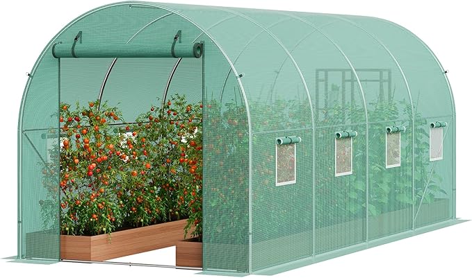 VEVOR Walk-in Tunnel Greenhouse, 14.6x6.4x6.3 ft Hoop House Greenhouse Tunnel, Plant Hot House with Galvanized Steel Frame, Green PE Cover, Roll-up Zipper Door and 8 Windows for Outdoor