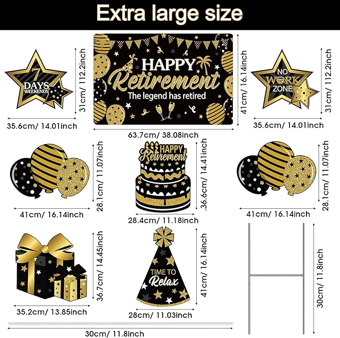 Yulejo 8 Pieces Retirement Yard Sign Decorations Happy Retirement Yard Signs Retirement Lawn Sign with Stakes for Outdoor Retirement Party Supplies 16inch (Black and Gold)