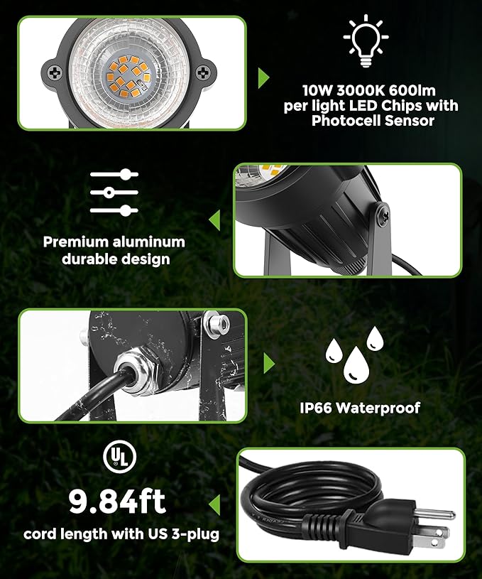 LOHAS 10W Dusk to Dawn Outdoor Lighting, Auto On/Off 3000K Landscape Spot Lights Outdoor, IP66 Waterproof Spot Lights for Yard, Garden, House, Pathway, Plant, UL Listed (2 Pack)