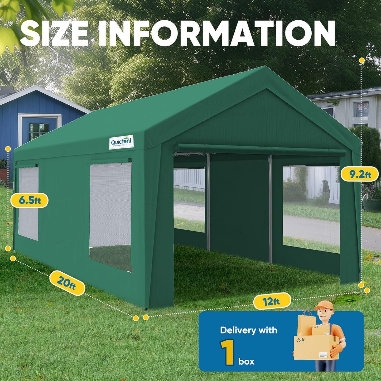 Quictent 12x20 ft Heavy Duty Carport Canopy Galvanized Car Tent Outdoor Garage Boat Shelter with Reinforced Structure with Roll-up Ventilated Windows Sidewall - Green