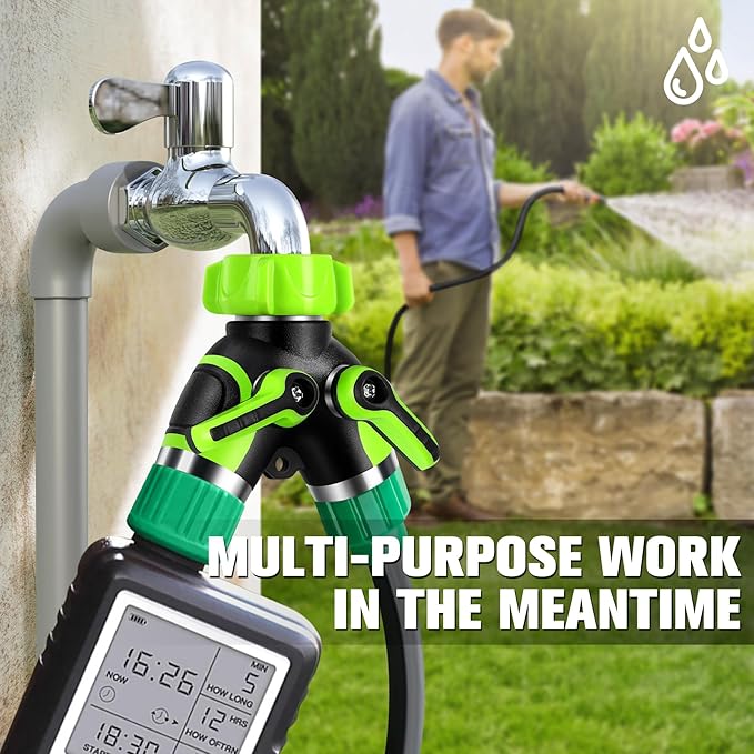 Garden Hose Spiltter, 2 Way Y Spigot Adapter with Shutoff Valves, Heavy Duty Metal Body Outdoor Faucet Connector, Leakproof 3/4" GHT Thread Hose Bib Splitter with 2 Extra Rubber Washers & Tape