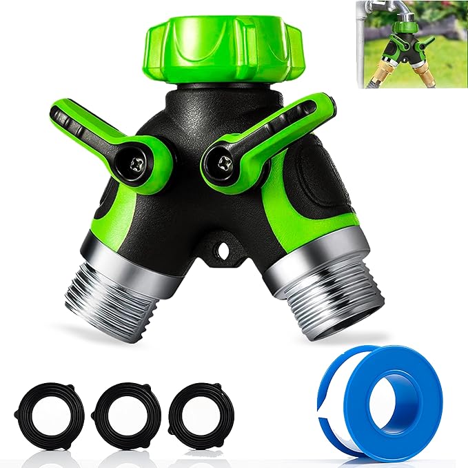 Premium 3/4" Heavy Duty 2 Way Hose Splitter Leakproof Full Metal Body Faucet Spigot Splitter Easy Long Handles with Extra Fittings and Teflon