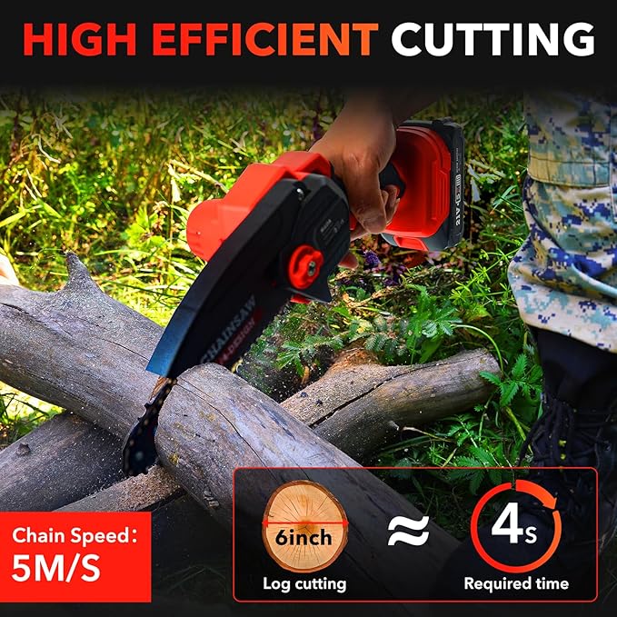 Mini Chainsaw Cordless Portable 6 Inch Handheld Chain Saw with Security Lock Small Electric Chainsaw with 2 Rechargeable Batteries for Wood Cutting Tree Trimming Gardening Camping