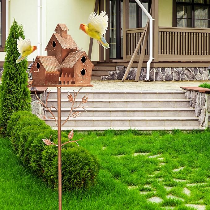 75" Bird Houses Stake for Outside - Metal Copper Colored Multi Bird Houses with Pole for Outdoor Patio Yard Garden Decoration