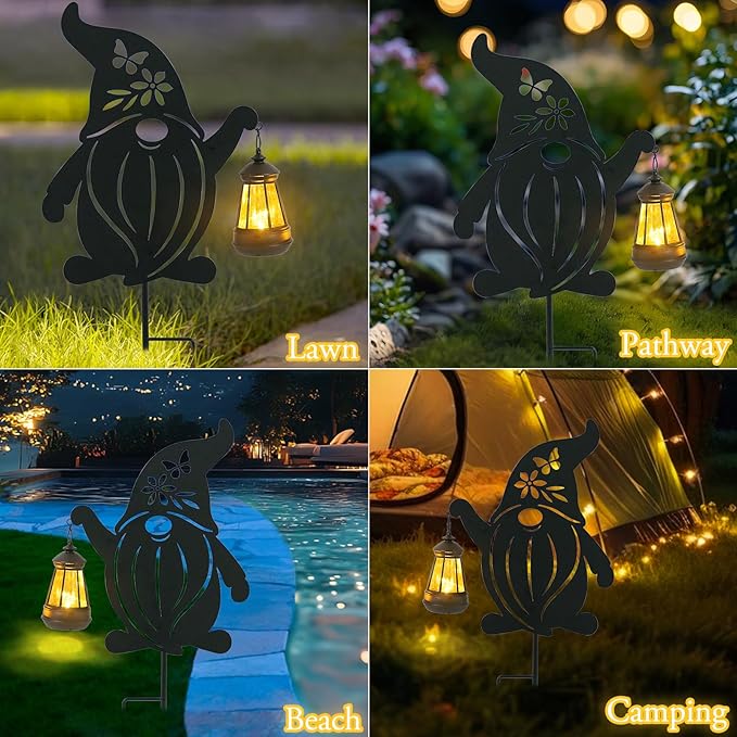 Afirst Solar Outdoor Garden Stake Solar Gnome Decorative Stake Light with Lantern Halloween Decorative Metal Outdoor Ornament for Yard Pathway Lawn Patio
