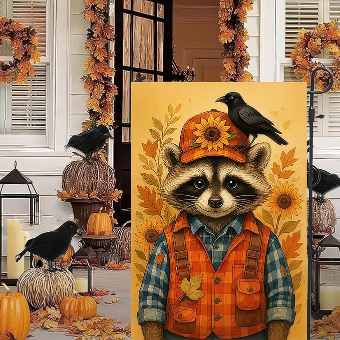 Thanksgiving Fall Garden Flag 12x18 Inch Welcome Raccoon Outdoor Flag Double Sided Autumn Yard Banner with Sunflower Hat and Bird for Porch Lawn Patio Seasonal Decor