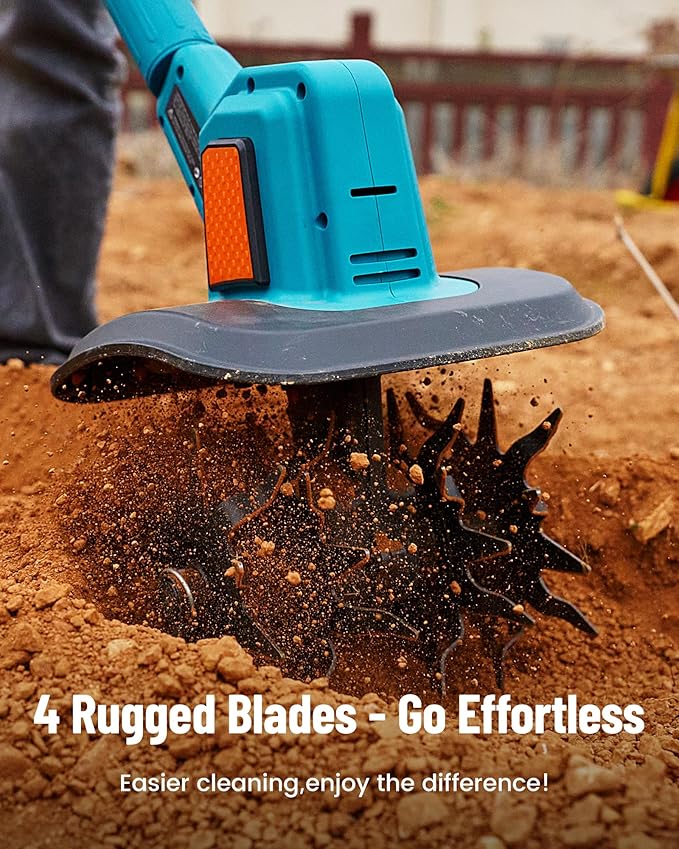 SEESII Electric Tiller for Gardening 300 RPM Rototiller Cordless Cultivator Total 8000mAh Battery Powered Garden Tiller 4 Pcs Blades for Smooth Tilling&Cleaning, Handheld Tiller for Raised Garden Beds